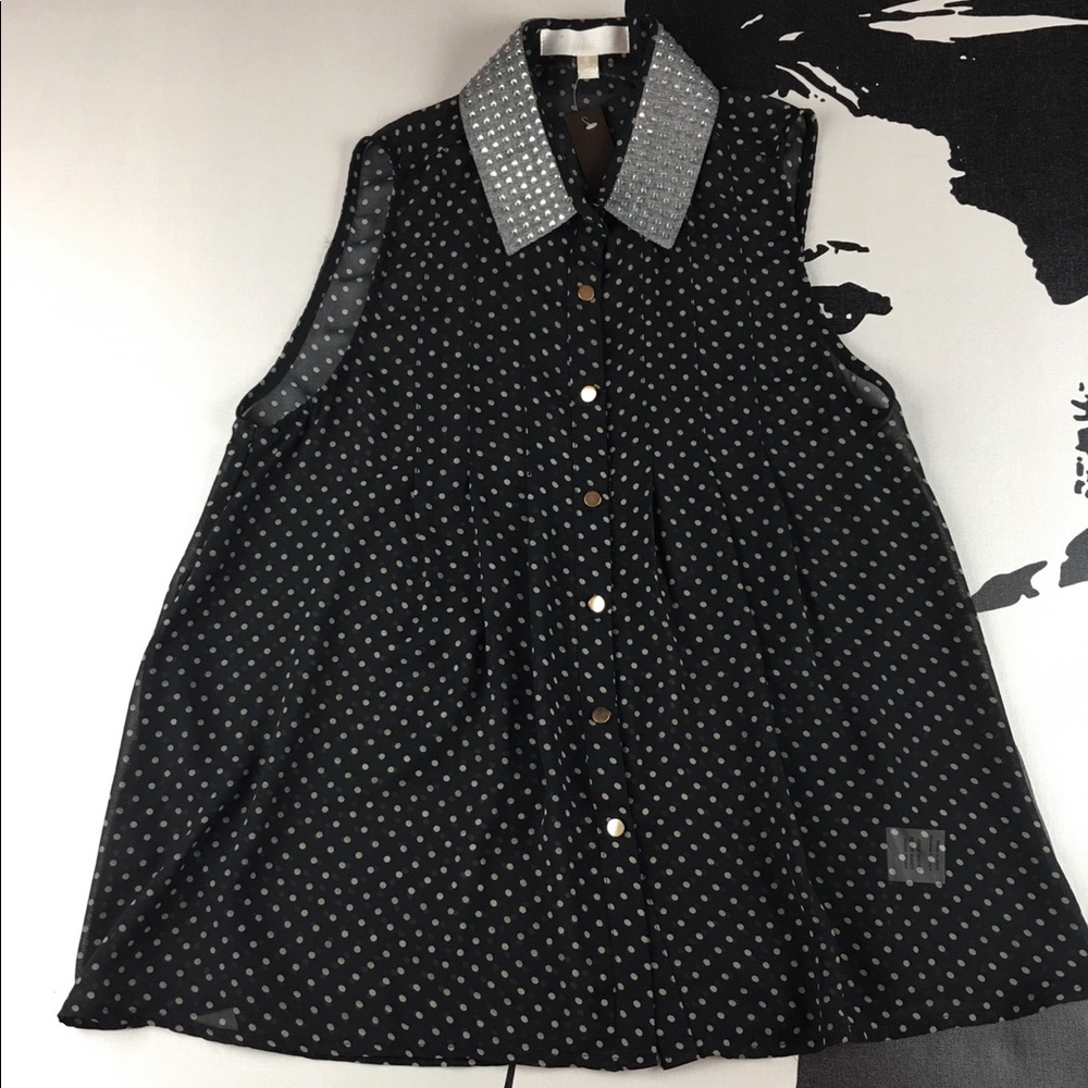Lumiere Polk Dot Black Button Down Sleeveless Top